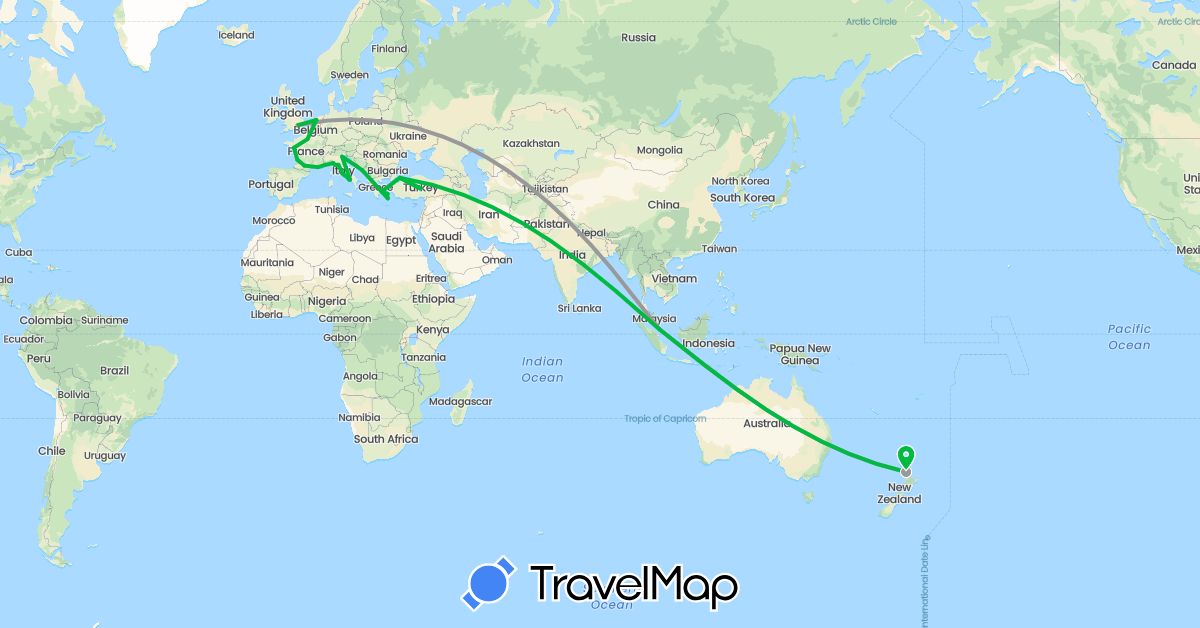 TravelMap itinerary: driving, bus, plane in France, United Kingdom, Greece, Croatia, Italy, Netherlands, New Zealand, Singapore, Turkey (Asia, Europe, Oceania)
